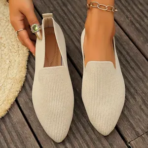 Women's Slip-On Pointed Toe Flat Shoes - Breathable Fabric Upper & Rubber Sole, All-Season Comfort, Neutral Beige with Golden-Tone Chain Detailing for Casual & Formal Wear, Formal Footwear | Stylish Slipons | Smooth Texture Shoes