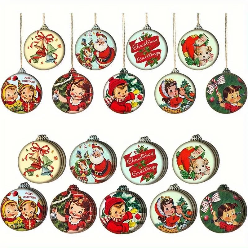 18pcs Christmas Wooden Ornaments, Wooden Decorative Ornaments, Retro Christmas Round Wooden Crafts Decoration for Home, Christmas Hanging Decorations for Christmas Tree，Fireplace, Window. Festive Gifts.(With Twine)