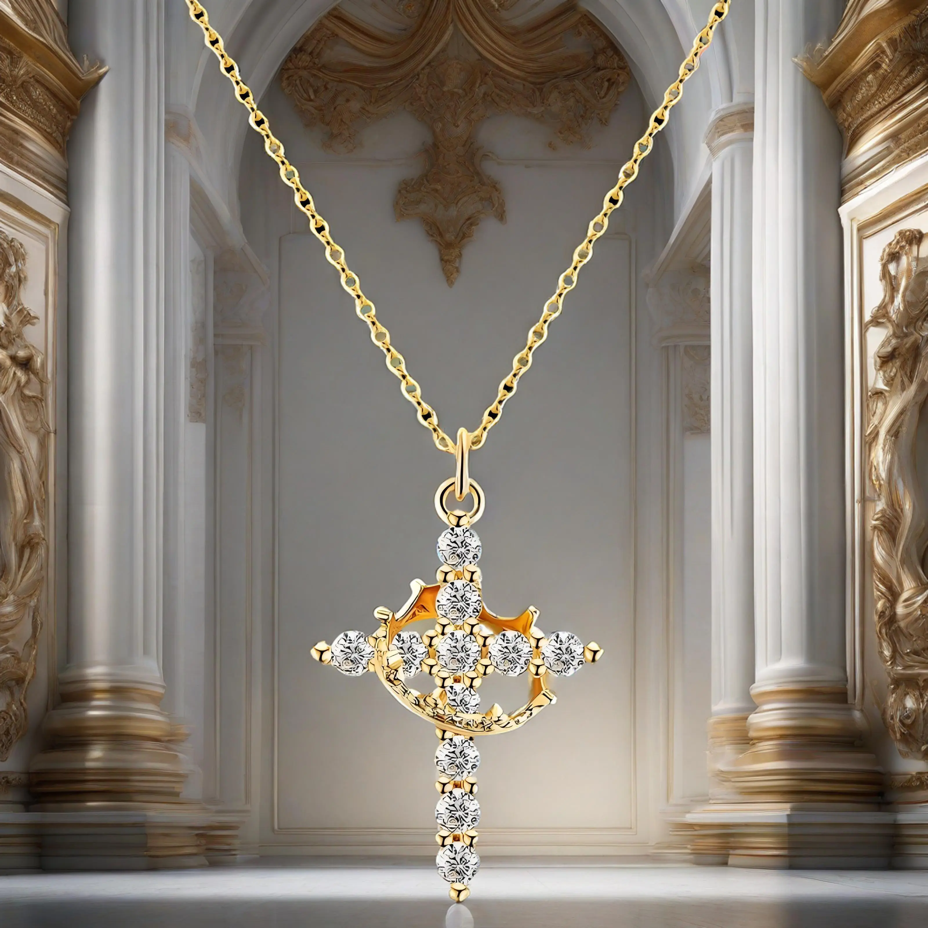 Women's Fashionable Rotating Crown Cross Necklace Pendant - Elegant Dainty, Adjustable Length Necklace, Festive Easter & Everyday Wear Party Gift
