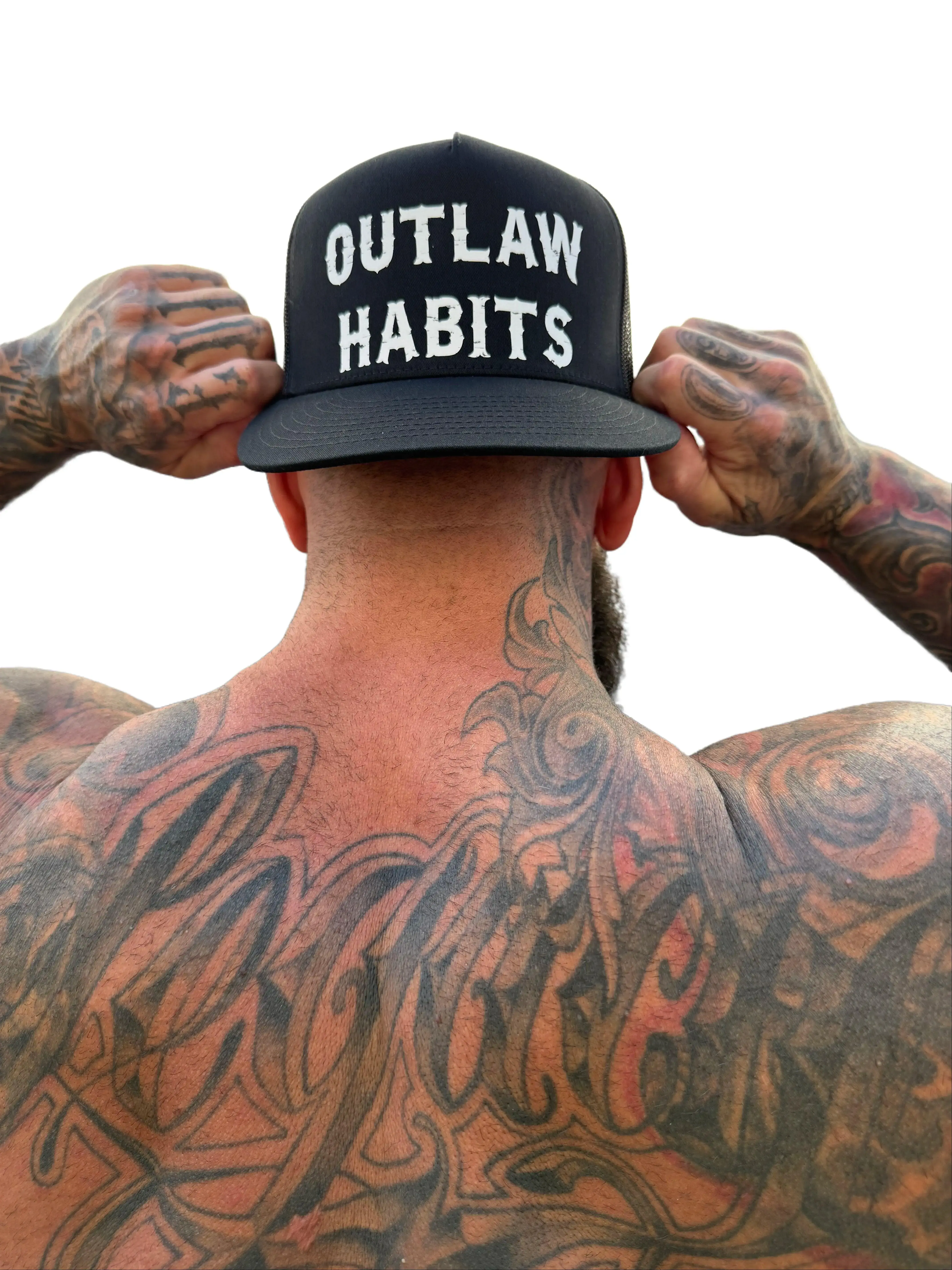 TheDriveClothing Outlaw Habits Black Flat Bill Hat – Y2K Streetwear Snapback Cap, White Graphic Trucker Hat, Biker Skater Grunge Urban Fashion, TikTok Viral Festival Streetwear Accessory