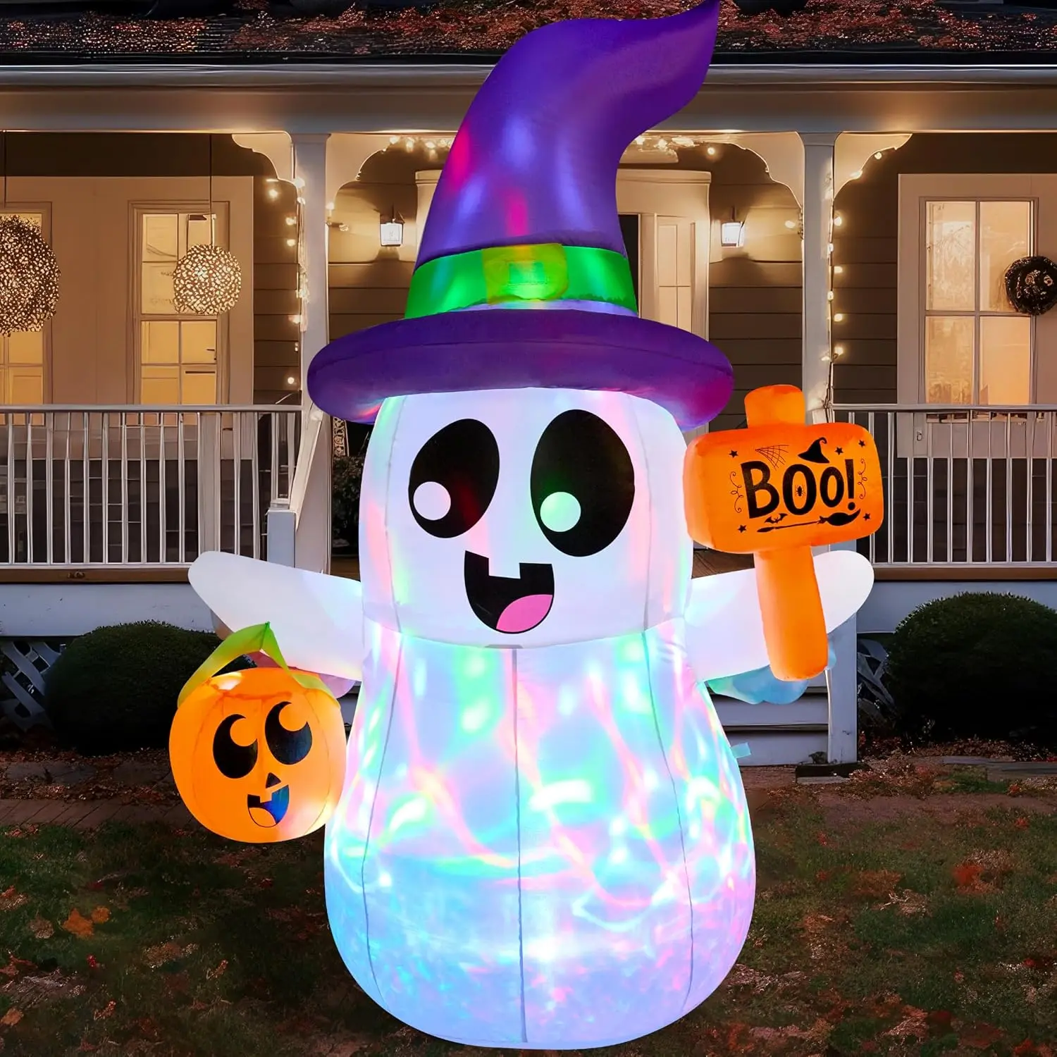 5 FT Halloween Inflatables Ghost Outdoor Decorations, Blow Up Cute Wizard Ghost with Pumpkin, Blow Up Yard Decoration with Rotating Colorful LED for Halloween Lawn Garden Party Decor