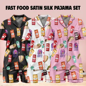 Fast Food Satin Silk Pajama Set – Soft Short Sleeve Sleepwear for Women, Cute Summer Loungewear, Gift for Her