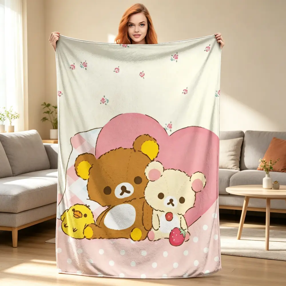 Rilakkuma Cartoon Print Knitted Blanket - Flannel, Multi-Size, Stain Resistant, Soft Warm Summer Air-Conditioning Bedspread for Sofa Bedroom Decor, Ideal Gift for Children, Illustrated Blankets