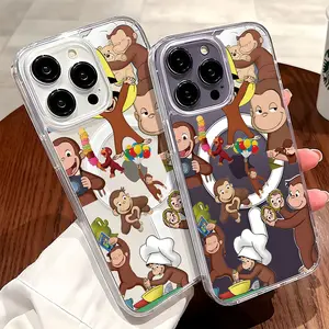 Curious George Monkey Design Clear Wireless Charging Protection Shockproof Slim Magnetic Phone Case For iPhone 17 16 15 Pro Max 14 13 12 11 Plus Air