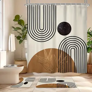 1/4pcs Bohemian medieval style abstract geometric pattern shower curtain set, non-slip floor mat, U-shaped carpet, toilet lid cover, perfect for bathroom decoration, partition, beautify space, free 12 shower curtain hooks