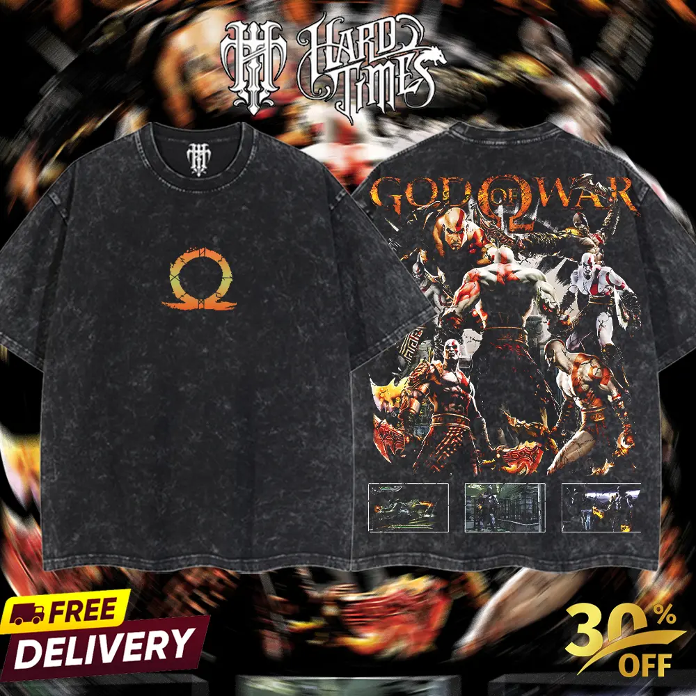 Menswear Oversized Round Neck Shortsleeve Top - Kratos God of War Classic, Retro Vintage Seamless Acid-Washed Heavyweight Cotton Fabric, Streetwear Tweed Apparel, Unisex Anime Manga Merch, Gift for Anime Fans