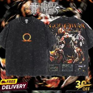 HardTimesClothing - Kratos God Of War  Retro Vintage Unisex Oversize Anime Manga Acid Washed Heavyweight Cotton T-shirt, Anime Merch, Gift For Anime Fan. Menswear Oversized
