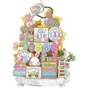 19 Pcs Easter Bunny Tiered Tray Decor Spring Easter Egg Wooden Centerpiece Signs Colorful Easter Wooden Sign Bunny Gnome Sign Trays for Home Farmhouse Rustic Decor
