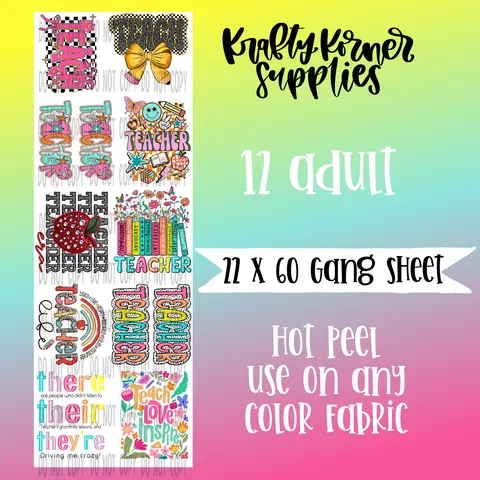 Craft Teacher 2.0 DTF Transfer Gang Sheet, 22x60 in Office Stationery Paper, Hot Peel Graphic Transfer, DIY Crafts Supplies, Any Color, Can Go on Any Fabric