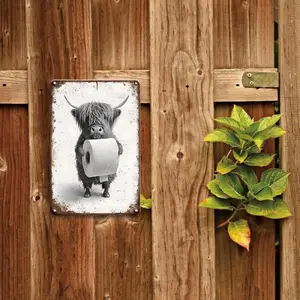 Highland Cow Holding Toilet Paper Metal Tin Sign, Creative Bathroom Wall Art, Funny Restroom Sign for Home, Cafe, Restaurant metal wall sign