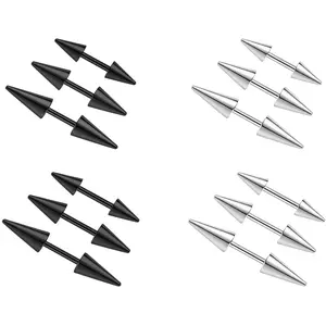 12-Piece Spike Top Piercing Barbell Set, 2-Color Stainless Steel Piercing Jewelry in Black & Silver, Multi-Size Straight Barbells with Cone Tops for Edgy Styling