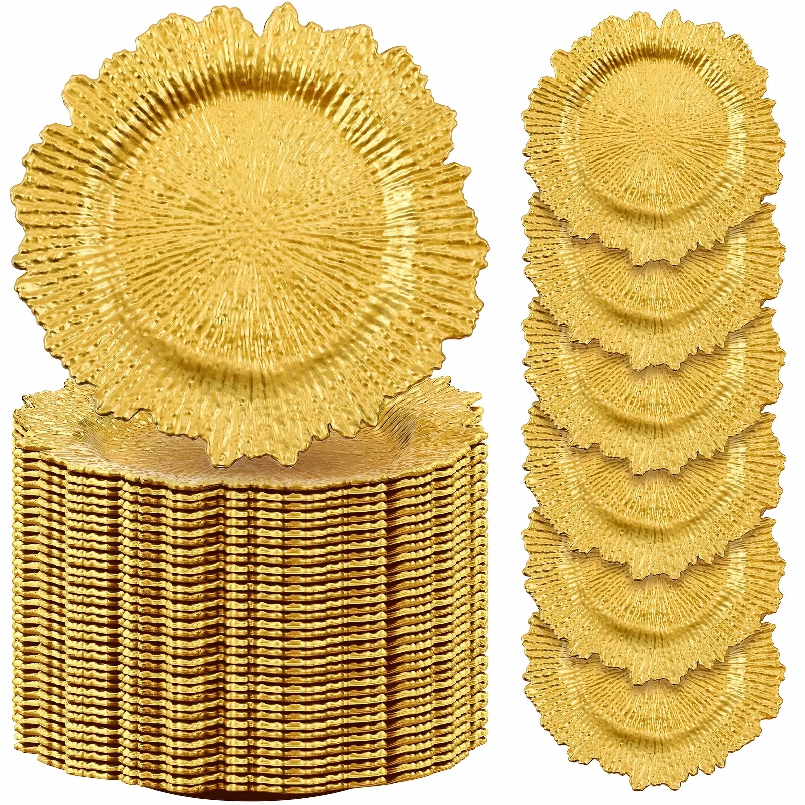 100pcs Wedding Plates, 13 Inch Plastic Wedding Floral Decorative Plates with Metallic Ruffled Rim for Wedding Party, Holiday Event Supplies