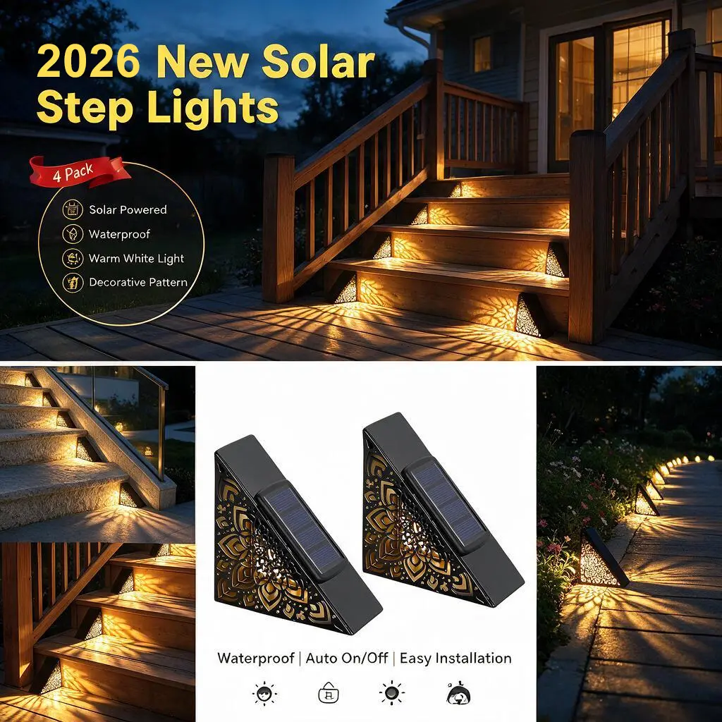 2 Pack Metal Solar Powered Triangular Gilded Hollow-Cut LED Step Lights, Energy-Saving Waterproof Outdoor Deck & Patio Lighting with Compact Triangular Shape, Elegant Vintage Decorative Atmosphere, Complete Mounting Hardware & Golden Shadow Patterns