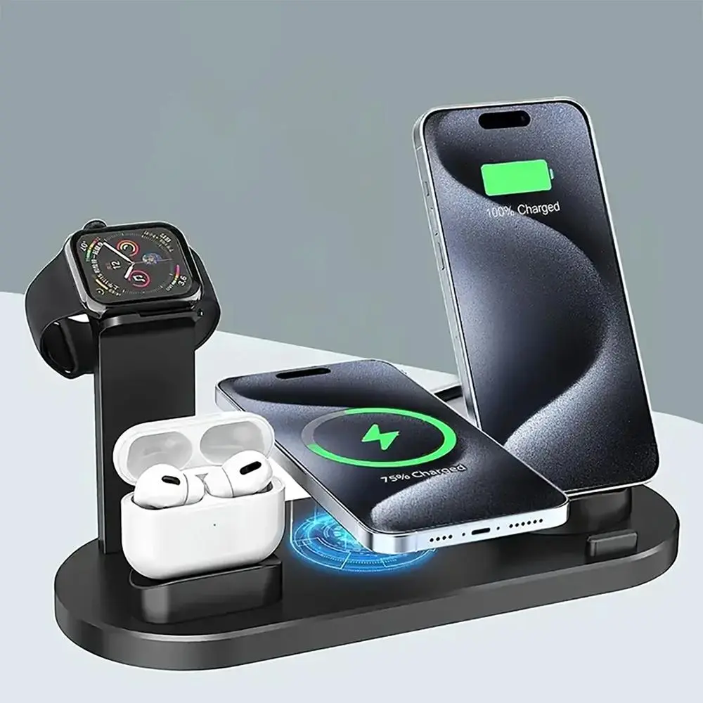 15W 6 in 1 Wireless Stand, Multifunctional Desk Phone Holder, Fast Charging Station, Freestanding Wireless Charger for iPhone 15 14 13 12 11 Pro Max Apple Watch AirPods