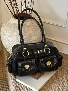 Light luxury style simple shoulder tote bag, Pu tote satchel, retro old texture, double gold buckle pocket design, hand-held crossbody shoulder bag, versatile multi-color, suitable for daily travel