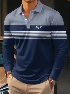 Men's stylish gray-blue color-blocked striped long-sleeved polo shirt. Simple design creates a sophisticated casual look. Suitable for all seasons, high-quality fabric, perfect for gifting or travel. Navy Classic Fashion Golf Top Menswear Navy Golf