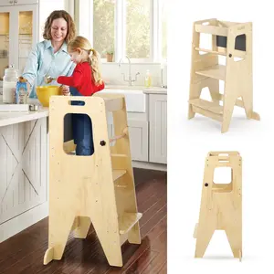 Wooden Kitchen Step Stool for Kids with Adjustable Height Platform, Safety Rail, and Blackboard - Toddler Learning Stool Helper for Bathroom & Kitchen Counter Use, Natural
