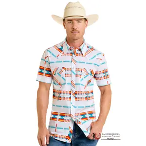 ROCK&ROLL WHITE SHORT SLEEVE WITH MULTI AZTEC COLOR PRINT SHIRT - BMN3S06488