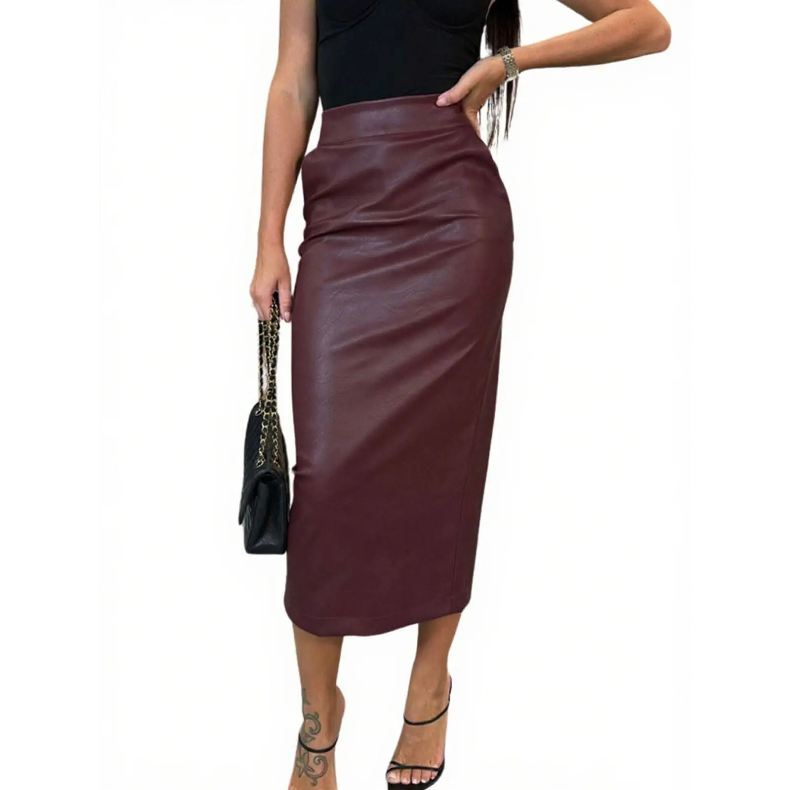 Chouyatou Women's High-Waist Slim-Fit Faux Leather Midi Pencil Skirt with High Slit, Pockets - Women's Bottoms,back to school shopping, Hip Hugging Skirt, 2 Side Pockets