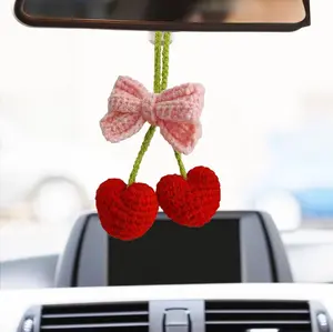 Cherry Car Accessories Crochet Hand Knitted Rear View Mirror Accessory Cars Mirror Hanging Accessorie Cute Car Accessories Decorative Hanging Ornaments Made of Polyester High-Quality Materials