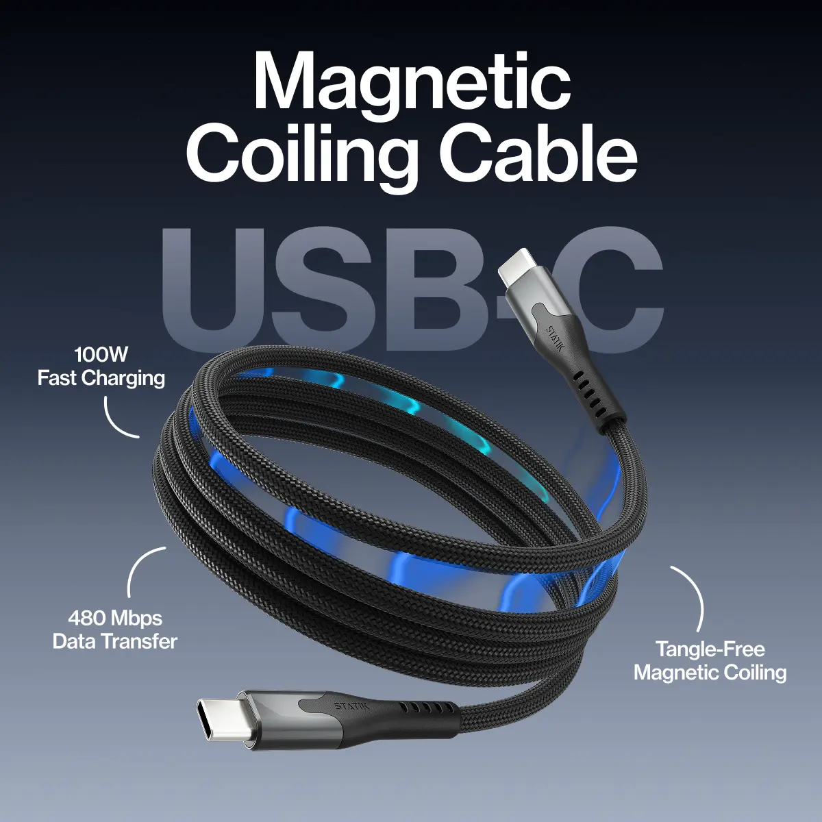STATIK MagStack USB-C to USB-C Cable: 100W Fast Charge | 480Mbps Data Sync | Magnetic Self-Coiling | Tangled-Free Braided Nylon | Regular & Slim