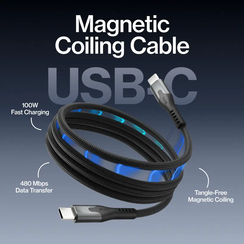 STATIK MagStack USB-C to USB-C: Cable | 100W Fast Charge | 480Mbps Data Sync | Tangle-Free Braided Nylon | For Phones, Tablets, Laptops and Headphones
