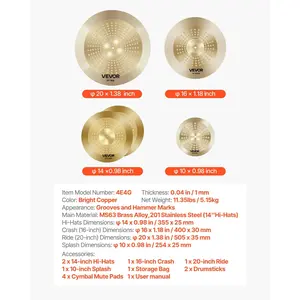 VEVOR Cymbal Pack, 4 Pieces Cymbals for Drum Set, Alloy Cymbals Drum Set Includes 14-inch Hi-Hats, 16-inch Crash, 20-inch Ride, 10-inch Splash, Drumsticks Cymbal Bag, Alloy Cymbal Pack for Drummer