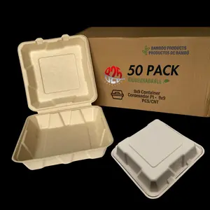 Bamboo 9" x 9" x 3" Compostable No PFAS Take-Out Box - 1 Compartment, Made from Bamboo & Bagasse food  storage Containers Kitchen Utensils