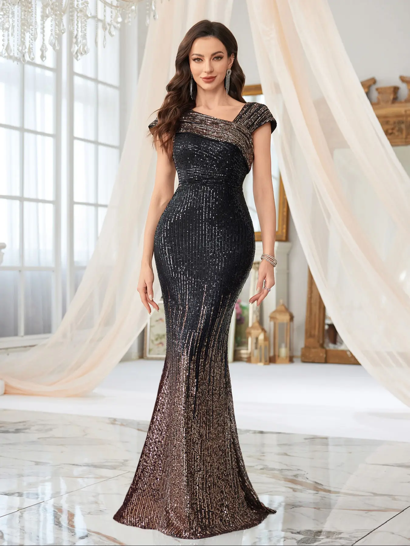 1900 formal dresses Asymmetrical-Neck Sleeveless Satin A-Line Evening Dress Floor-Length F –  Laxag main image 1