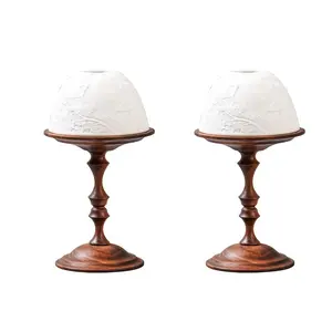 Walnut Vintage Candle Holder with Bone China Ventilation Cover, Wax Candle Holder Decoration, Candlelight Aromatherapy Candle, Dining Table Decoration (2-Piece Set)