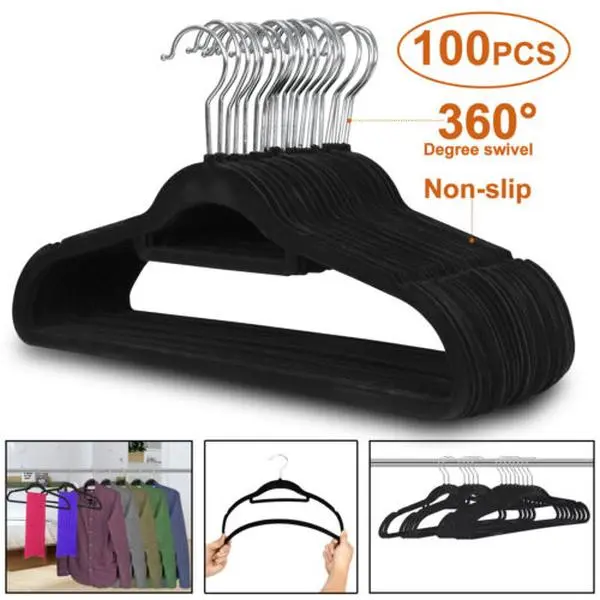JupiterForce 100PCS Velvet Hangers - Metal 360-Swivel Galvanized Zinc Hooks, Non-Slip Finish, Contoured Bar, Compact Home Organizer for Efficient Closet Storage that Maximizes Storage Space