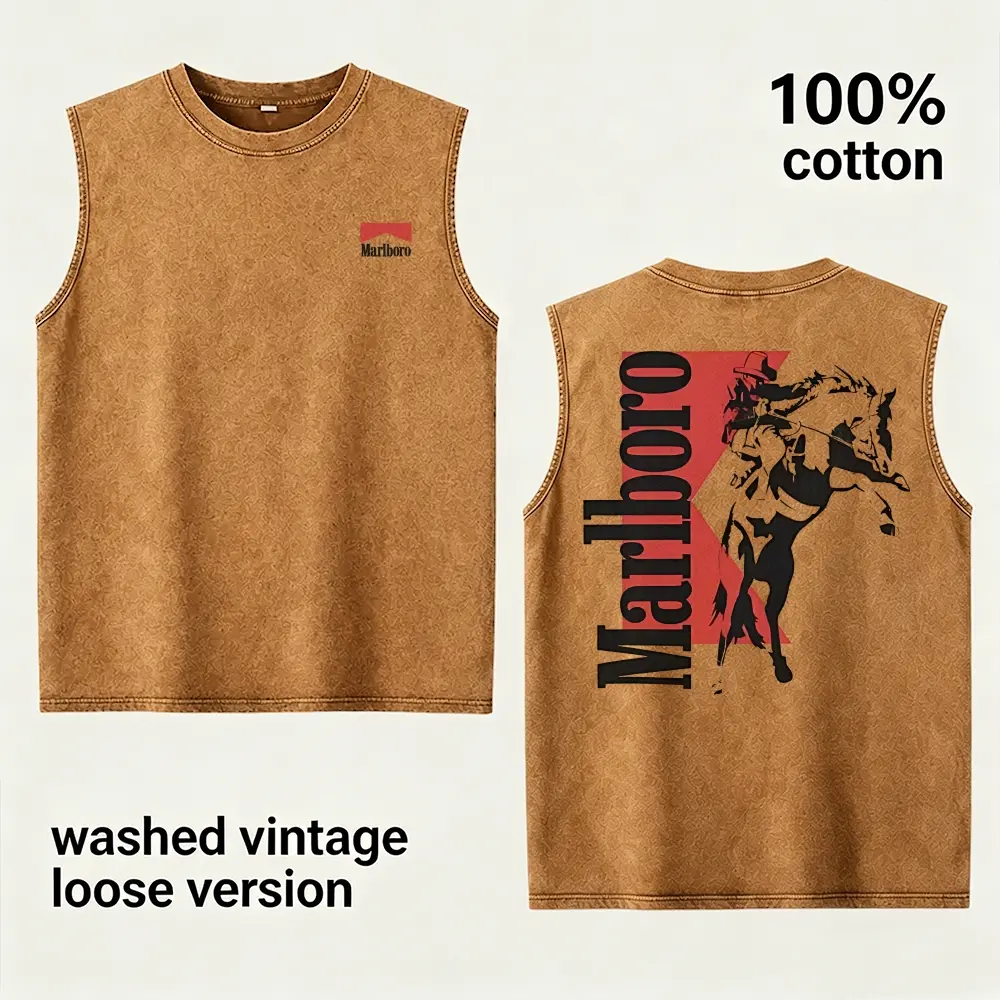 Vintage Washed Cotton Vest Sleeveless T Shirt Loose Cowboy Graphic Muscle Tank Men Top Father Day Gift For Boyfriend Husband Family US TikTok Mainstream Casual Trendy Streetwear Retro Style Solid Color Comfort Tees