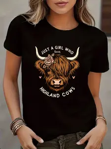 100% Cotton Summer Casual Round-Neck Short-Sleeve T-Shirt Made from Slightly Stretchy Fabric, Featuring a Regular Cut And a Highland Cow Print