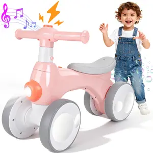 Electric Balance Bike, Kids Balance Bike with Music, Lights, Bubble Machine, 4 Wheels, Soft Seat Pre-School First Riding on Toys, Christmas Gifts for Boys Girls