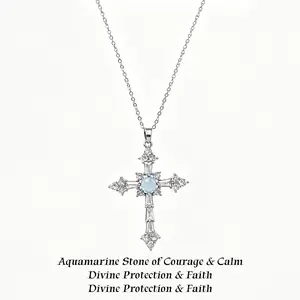 Aurora Stone Honor Cross Necklace with Blue-White Sapphires Christian Faith Protective Energy Elegant Fashion Accessory Original Design Beautifully Inlaid Gemstone
