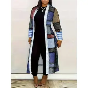 Color Block Geometric Print Cardigan, Casual Long Sleeve Open Front Long Cardigan, Women's Fashion