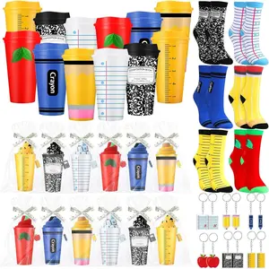 Hushee 49 Pcs End of Year Teacher Gifts Teacher Appreciation Gifts Bulk Include 16 oz Plastic Cups Thank You Teachers Sock in Bulk Composition Book Keychain for Graduation Classroom Party Supplies