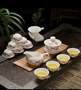 Gaiwan Tea Sets with Chinese Art Cherry Blossoms and Birds Design Ceramic Set Includes Gaiwan Serving Pot 6 Cups Strainer Strainer Holder Handwash Only Tray