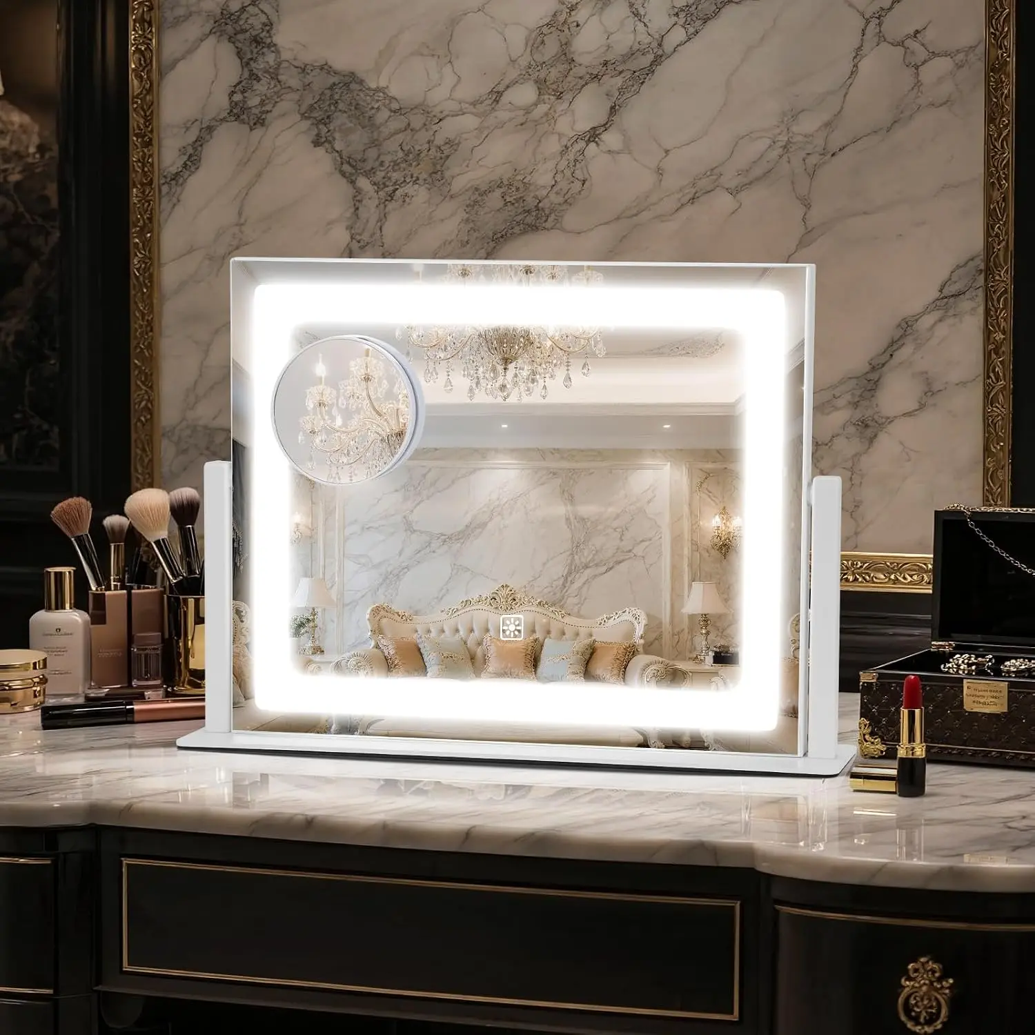 Vanity Mirror with Lights, 16"×12.4" LED Makeup Mirror, Rectangle Frame, 10X Magnification, Smart Touch with 3-Color Lighting, Dimmable, 360° Rotation, Lighted Up for Makeup Desk, Bedroom (White)