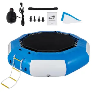 【DealsForYouDays】VEVOR Inflatable Water Trampoline,  13ft Recreational Water Bouncer with Escalator, Round Inflatable Water Trampoline in Blue and White, Floating Trampoline for Lakes, Pools, Calm Sea