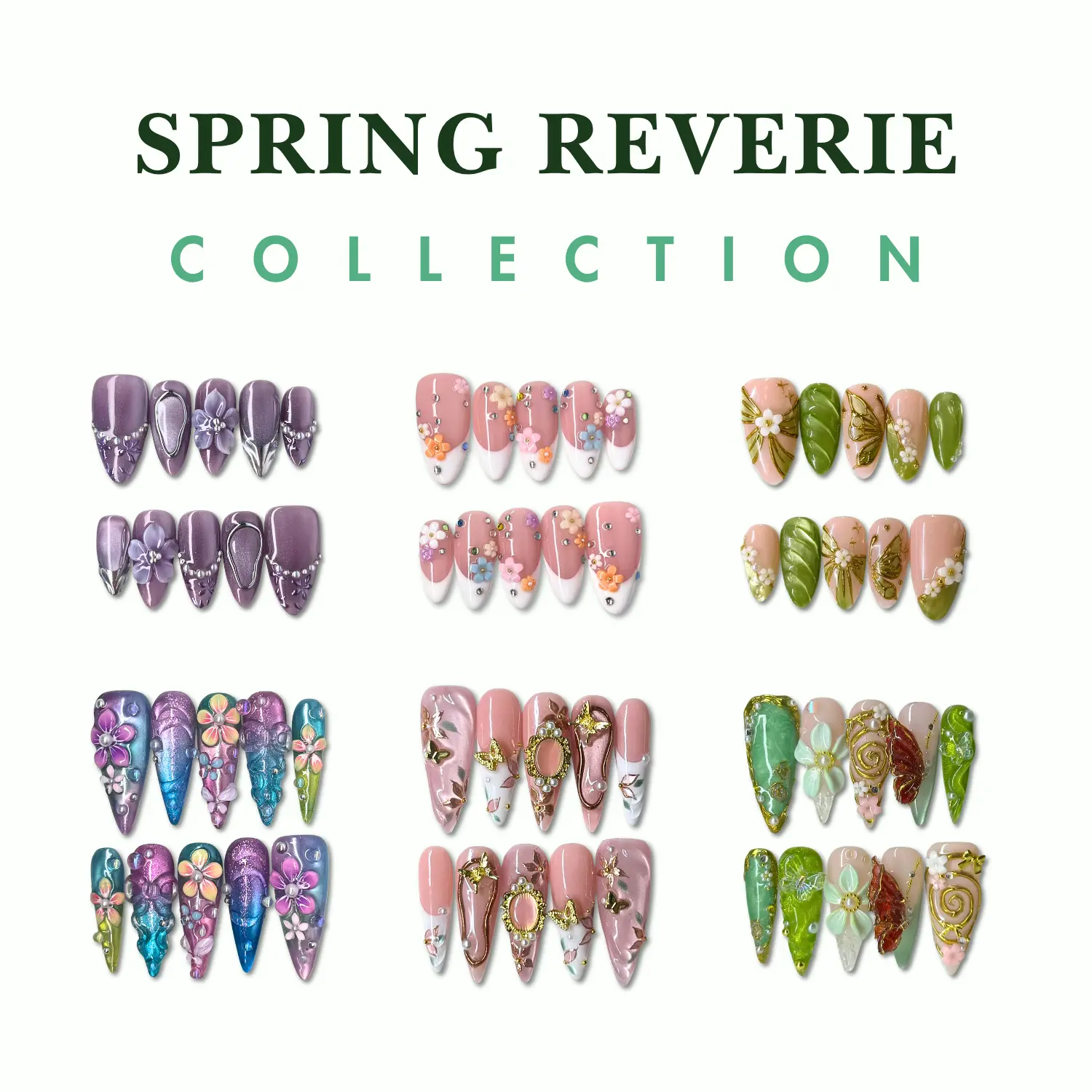 NailPhoria SPRING REVERIE Collection - Handmade Press-On Nails | Reusable, Salon-Quality, Long-Lasting, Glossy Design Floral Embellished Rhinestone