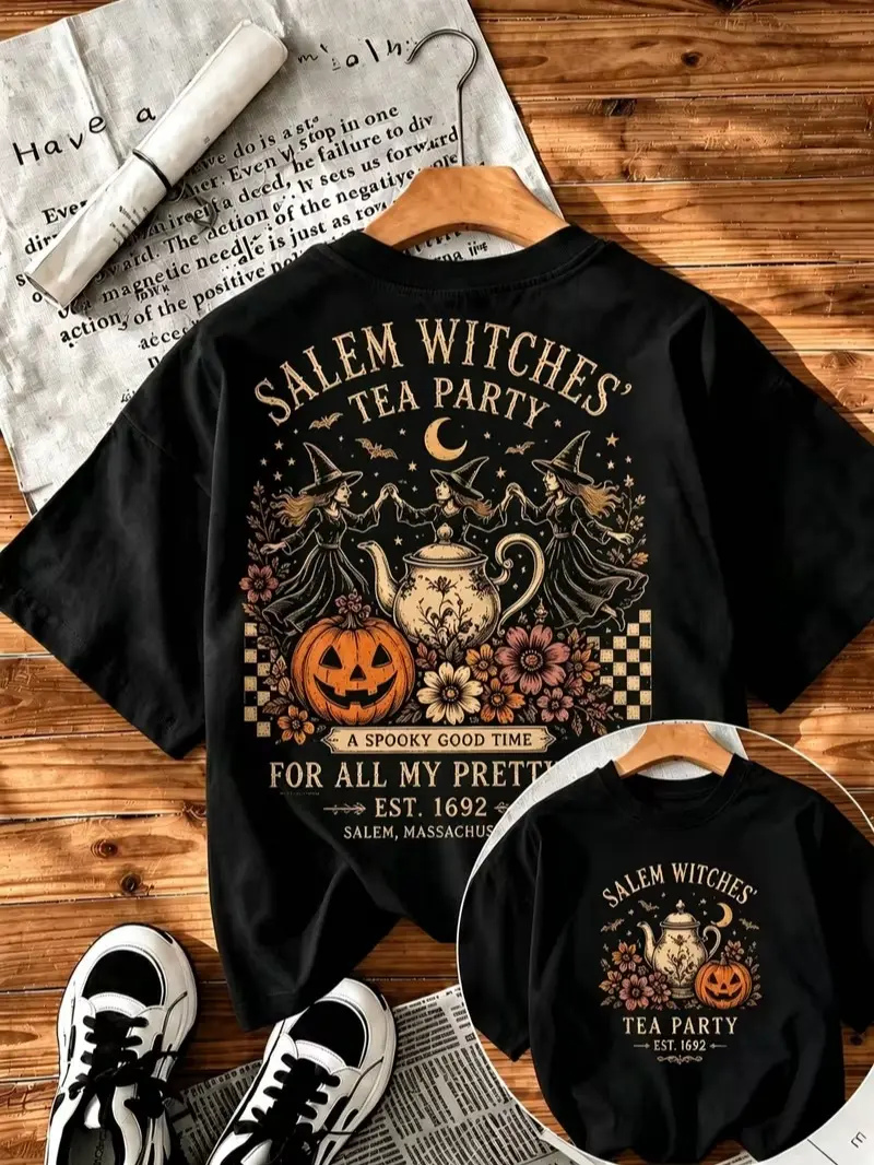 Salem Witches' Tea Party Est 1692 Double Sided Vintage Graphic T-Shirt, Retro Halloween Witch Casual Short Sleeve Tee Unisex cotton summer streetwear statement tee funny meme