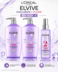 Set of L'Oreal Paris Elvive Hyaluron Plump Hydrating Shampoo and Conditioner, Paraben-Free, 40 fl. oz each & Hyaluron Moisturizing Leave-In Hair Spray, 4.4 fl oz, hair oils, tratments, leave-in tratments, styling, personal care, beauty, dry, dehydrated