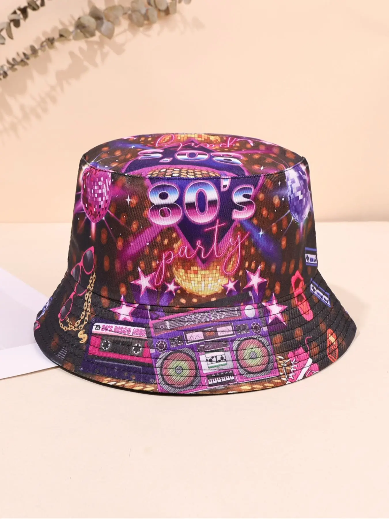 80s Party Pattern Bucket Hat, Double-side Wear Reversible Summer Beach Sun Hat, Packable Fisherman Cap for Women Men Teens, Digital Printed Hat
