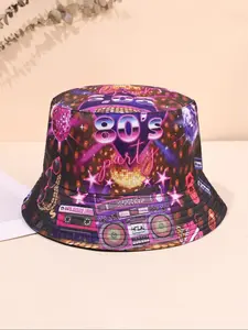 80s Party Pattern Bucket Hat, Double-side Wear Reversible Summer Beach Sun Hat, Packable Fisherman Cap for Women Men Teens, Digital Printed Hat