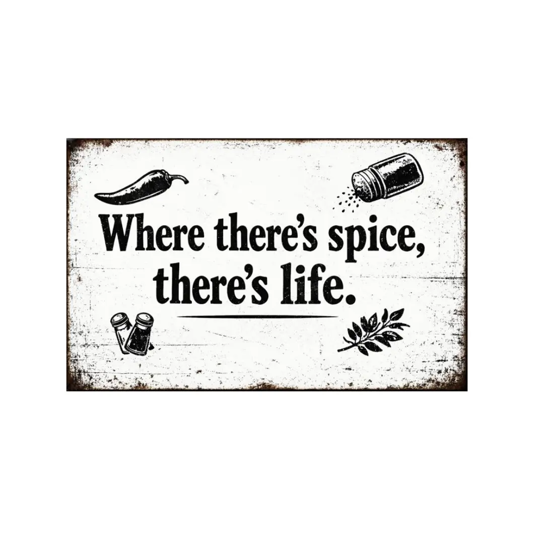Where There’s Spice There’s Life Vintage Tin Sign Rustic Kitchen Wall Decor Metal Plaque Farmhouse Cooking Quote Art Dining Room Pantry Cafe Typography 8x12 Inch Pre Drilled Holes
