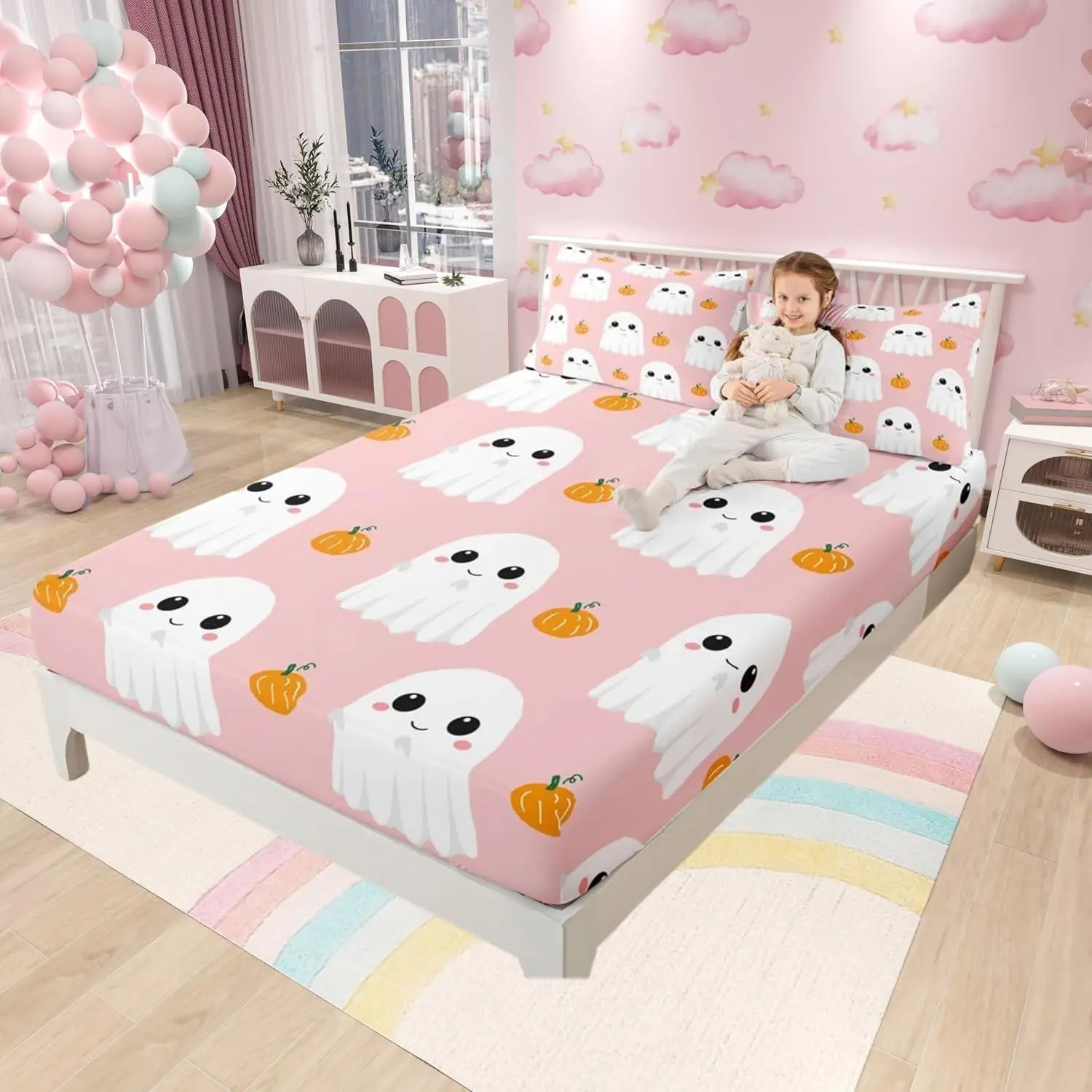 Cartoon Ghost Bed Sheet Set,Home Decor Watercolor Pumpkin Halloween Sheet Set,Deep Pocket,Hand Draw Pink White Print Mattress Cover