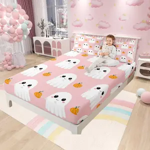 Cartoon Ghost Bed Sheet Set,Home Decor Watercolor Pumpkin Halloween Sheet Set,Deep Pocket,Hand Draw Pink White Print Mattress Cover