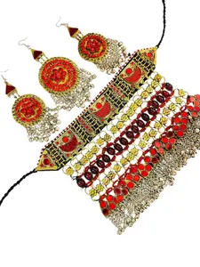 Red Afghani Necklace Set for Women | Handmade Ethnic Jewelry | Traditional Afghan Boho Statement Necklace & Earrings | 16cm | 300g