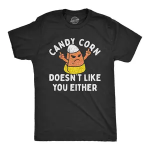 Mens Candy Corn Doesnt Like You Either T Shirt Funny Halloween Treat Joke Tee for Guys Mens Funny T Shirts Cool Vintage Fashion T-Shirt Gift Classic Menswear Halloween Apparel for Men Funny Food Short Sleeve Black -